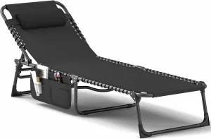 DWVO Patio Lounge Chair, Portable Recliner Lounge Chair Folding Camping Cot, Reclining Chairse Lounge 5 Posistion Adjustable w/Head Pillow & Portable Handbag for Camping, Pool, Beach and Patio, Black