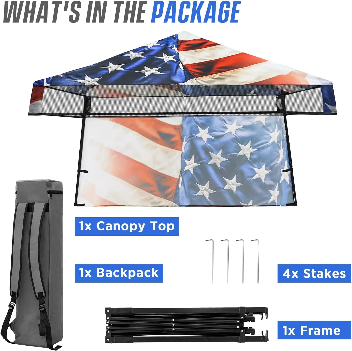 EAGLE PEAK 8x8 Pop Up Canopy Tent with Sidewall, Compact, Portable Slant Leg Instant Sun Shelter for Beach, Sports, & Camping, 8x8 Base 6x6 Top, Stars and Stripes