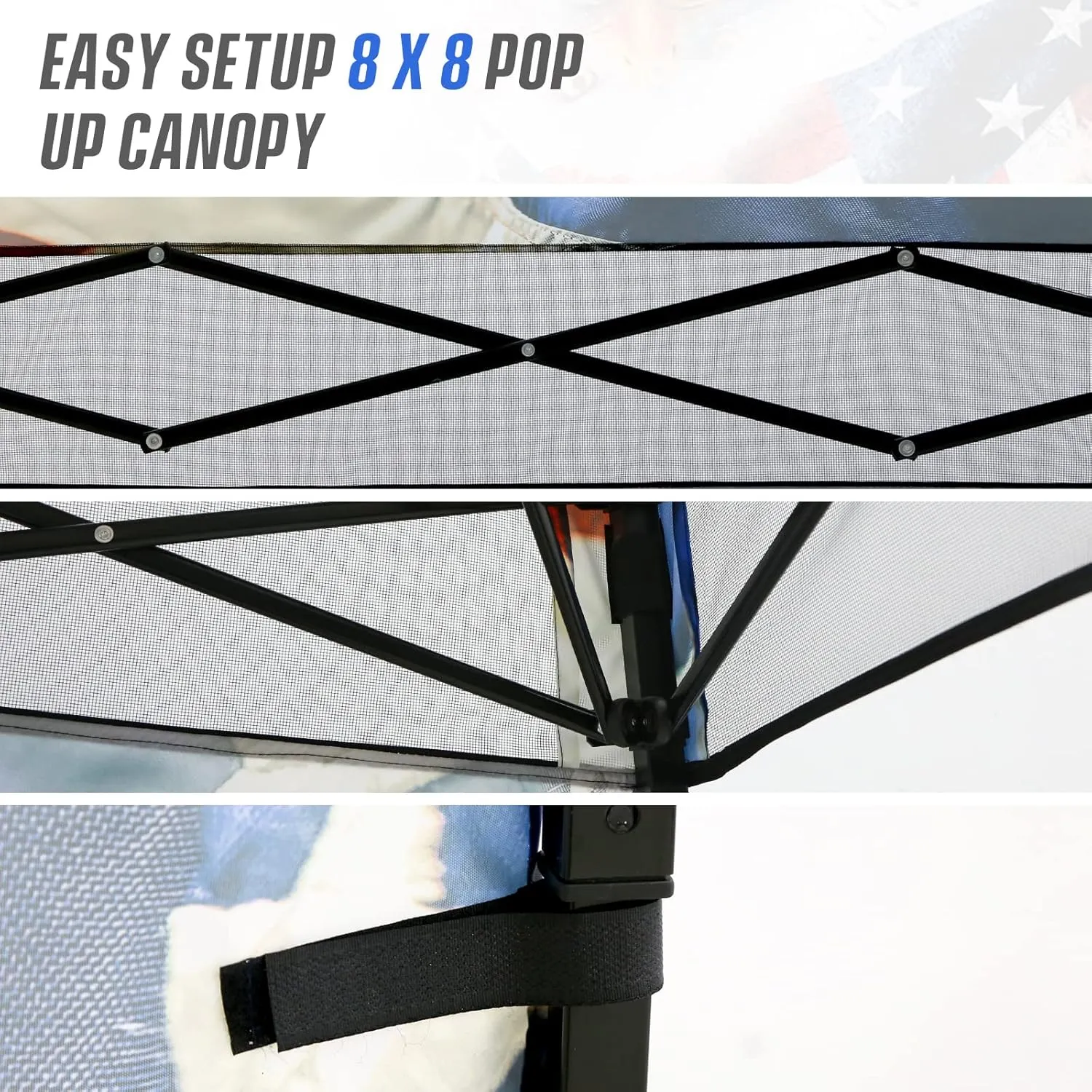 EAGLE PEAK 8x8 Pop Up Canopy Tent with Sidewall, Compact, Portable Slant Leg Instant Sun Shelter for Beach, Sports, & Camping, 8x8 Base 6x6 Top, Stars and Stripes