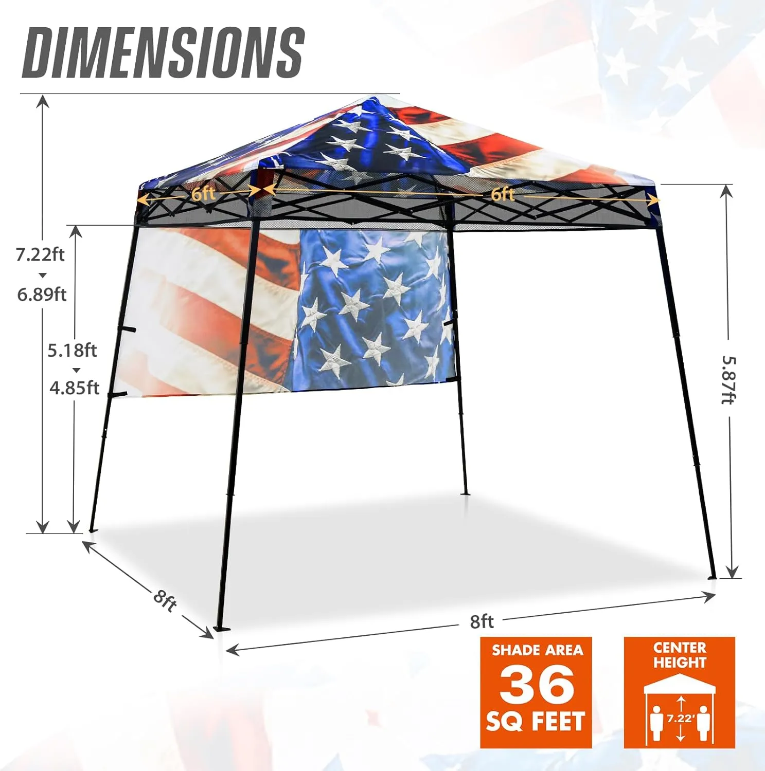 EAGLE PEAK 8x8 Pop Up Canopy Tent with Sidewall, Compact, Portable Slant Leg Instant Sun Shelter for Beach, Sports, & Camping, 8x8 Base 6x6 Top, Stars and Stripes