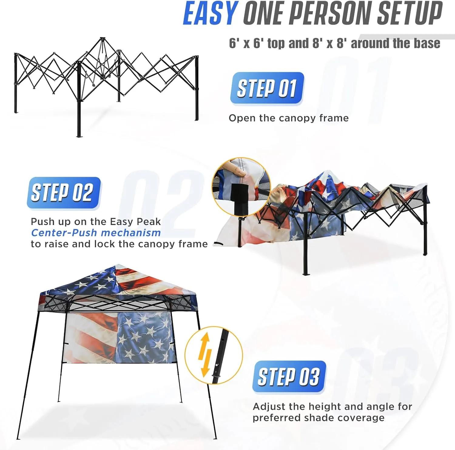 EAGLE PEAK 8x8 Pop Up Canopy Tent with Sidewall, Compact, Portable Slant Leg Instant Sun Shelter for Beach, Sports, & Camping, 8x8 Base 6x6 Top, Stars and Stripes