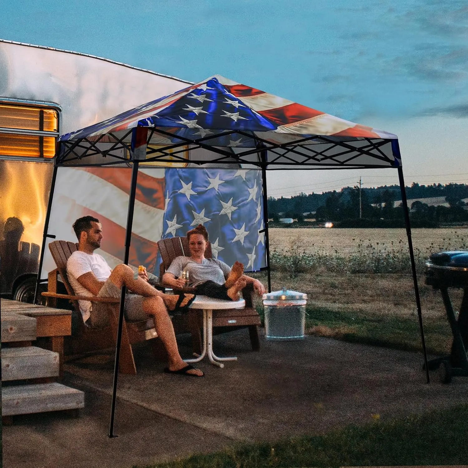 EAGLE PEAK 8x8 Pop Up Canopy Tent with Sidewall, Compact, Portable Slant Leg Instant Sun Shelter for Beach, Sports, & Camping, 8x8 Base 6x6 Top, Stars and Stripes