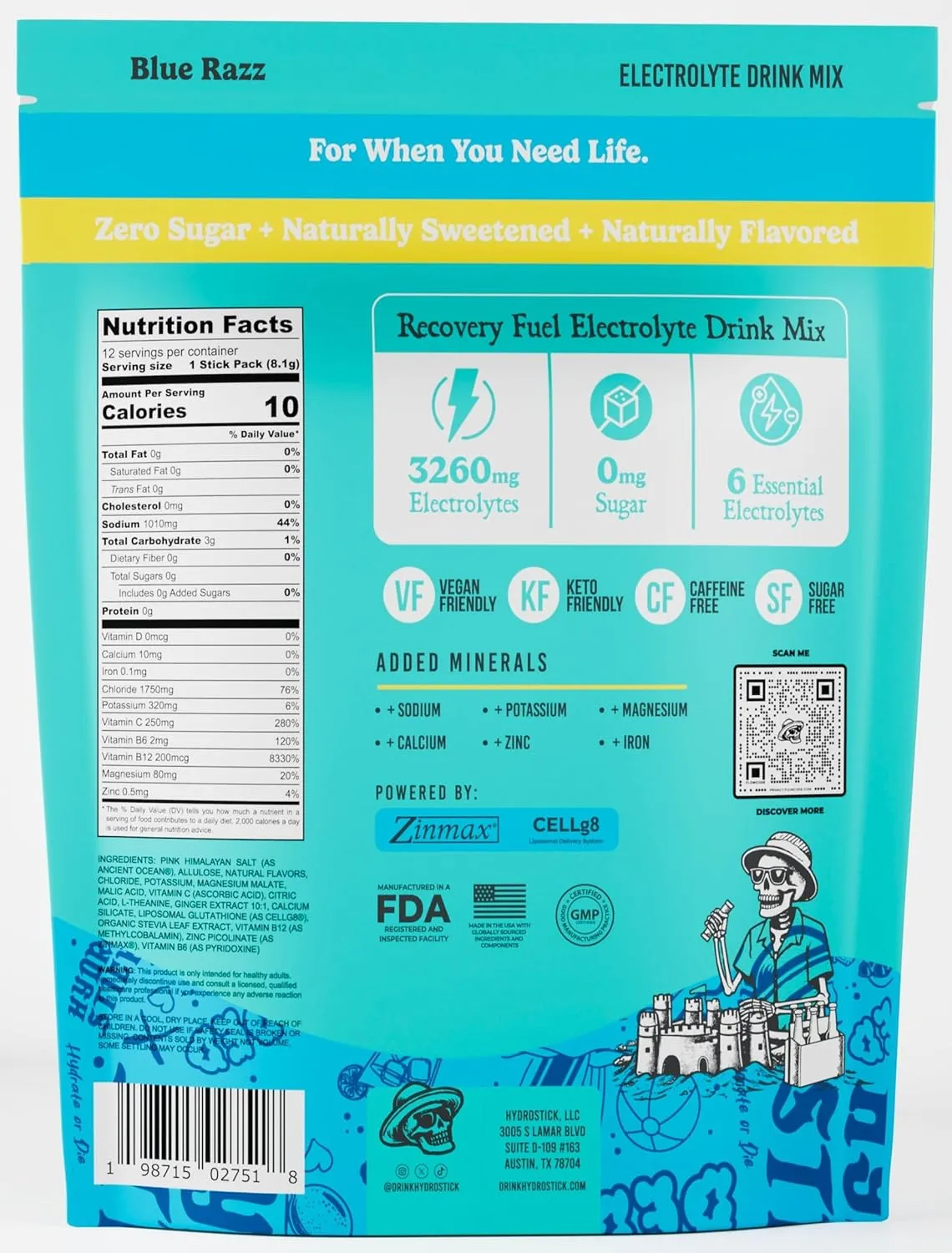 Electrolyte Powder Drink Mix | Glutathione, L-Theanine, Vitamins B6 & B12, Ginger & Magnesium for Hydration & Liver Health | Sugar-Free, All-Natural, Immune Support - Blue Raspberry | 12 Pack