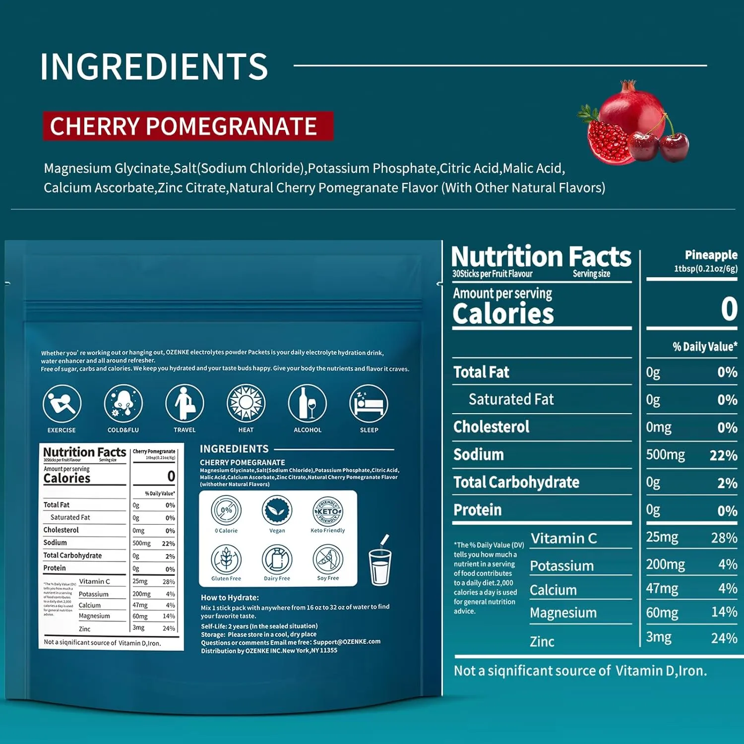 Electrolytes Powder Packets, 30 Sticks Hydration Packets Sugar Free, Electrolyte Drink Mix Portable Electrolyte Packets for Rapid Hydration, 0 Sugar & 0 Calorie, Cherry & Pomegranate Flavor