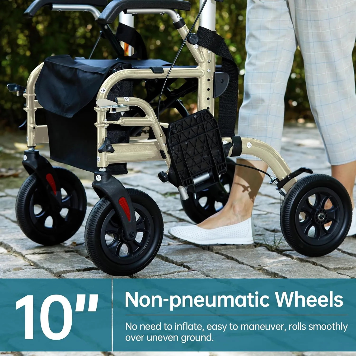 ELENKER All-Terrain 2 in 1 Rollator Walker & Transport Chair for Seniors, Rollator Wheelchair Combo with Seat, 10” Solid Wheels, Compact Folding, Champagne