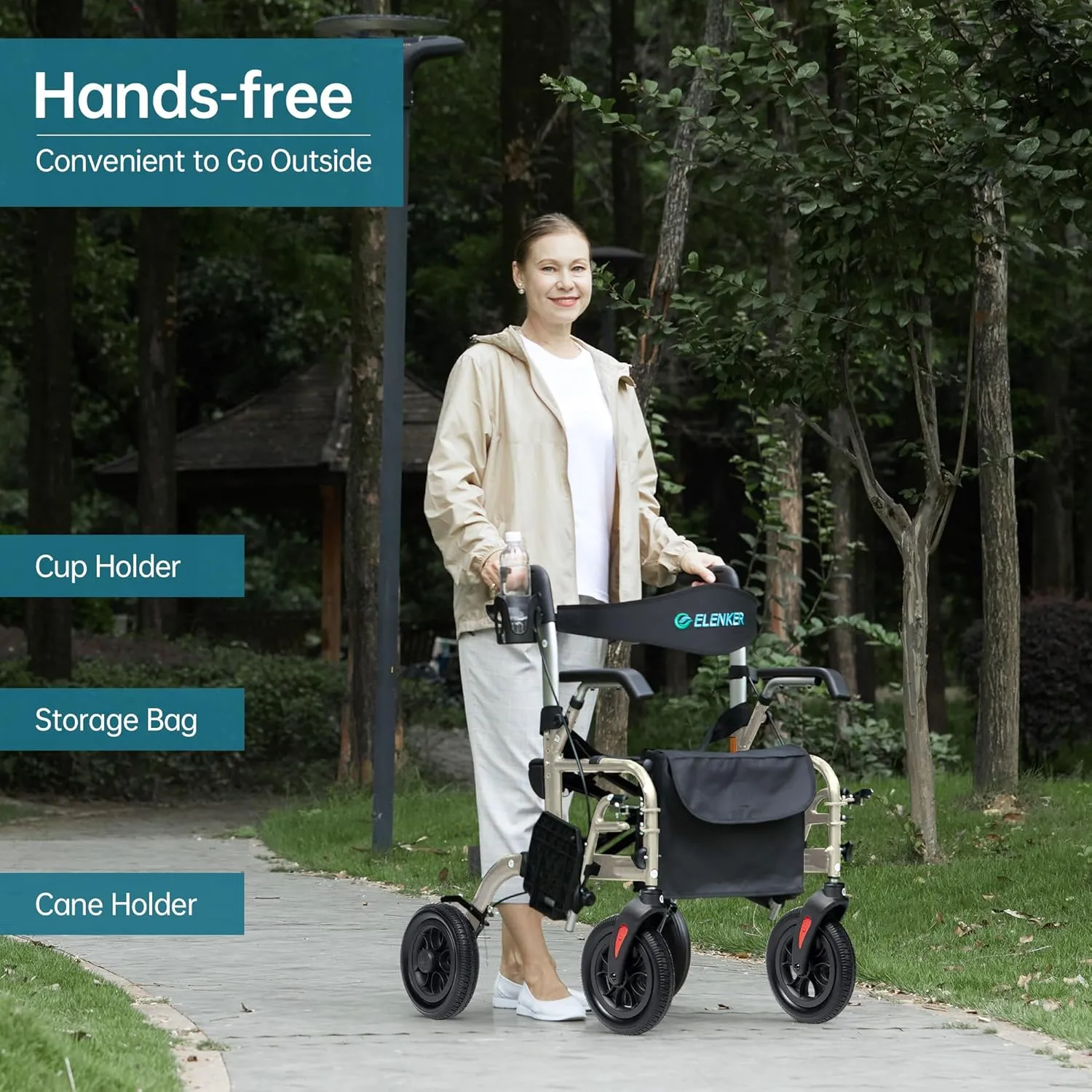 ELENKER All-Terrain 2 in 1 Rollator Walker & Transport Chair for Seniors, Rollator Wheelchair Combo with Seat, 10” Solid Wheels, Compact Folding, Champagne