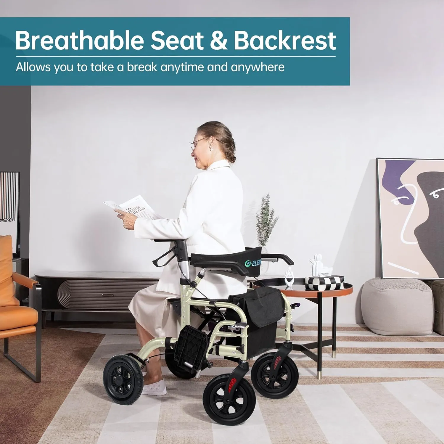 ELENKER All-Terrain 2 in 1 Rollator Walker & Transport Chair for Seniors, Rollator Wheelchair Combo with Seat, 10” Solid Wheels, Compact Folding, Champagne