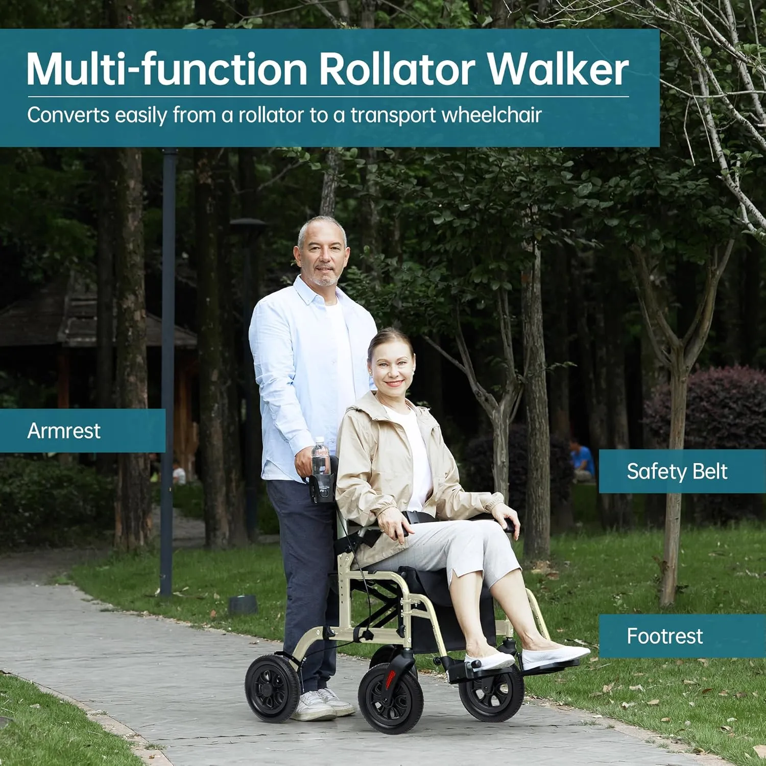 ELENKER All-Terrain 2 in 1 Rollator Walker & Transport Chair for Seniors, Rollator Wheelchair Combo with Seat, 10” Solid Wheels, Compact Folding, Champagne