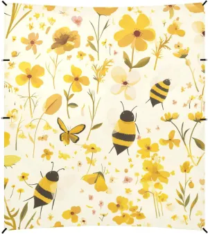 Embroidery Bee Butterfly Flowers Watercolor Foldable Beach Tent UPF50  Easy Setup Portable Sunshade with Sandbags, Sand Shovel, Poles for Camping, Picnics, Backyard