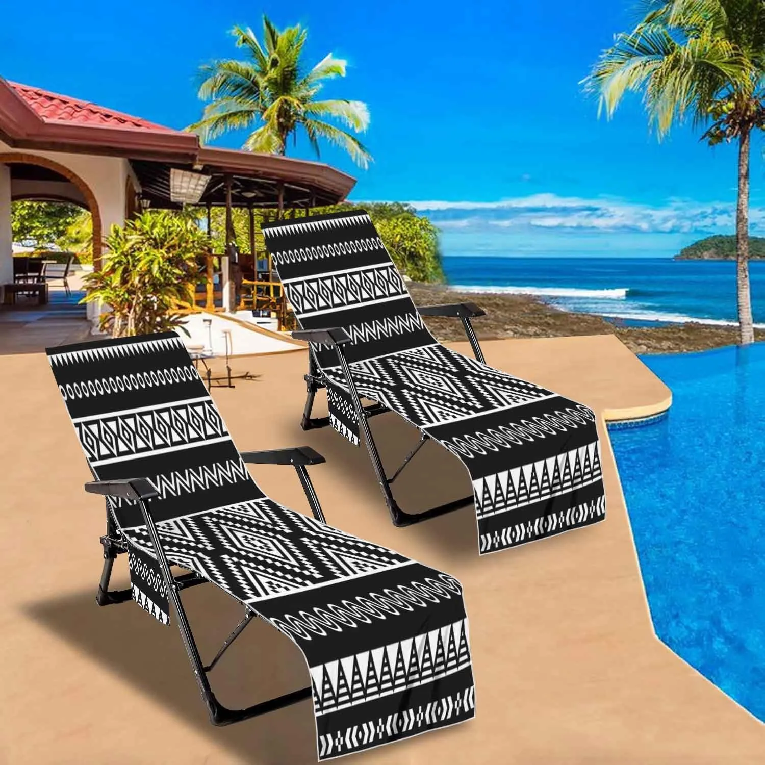 EMMTEEY Pool Chair Covers 82.6 X 29.5 Inches Watercolor Boho Deer Skull Antlers Floral Beach Chair Cover with 2 Side Pockets for Backyard Beach Trip, Set of 1