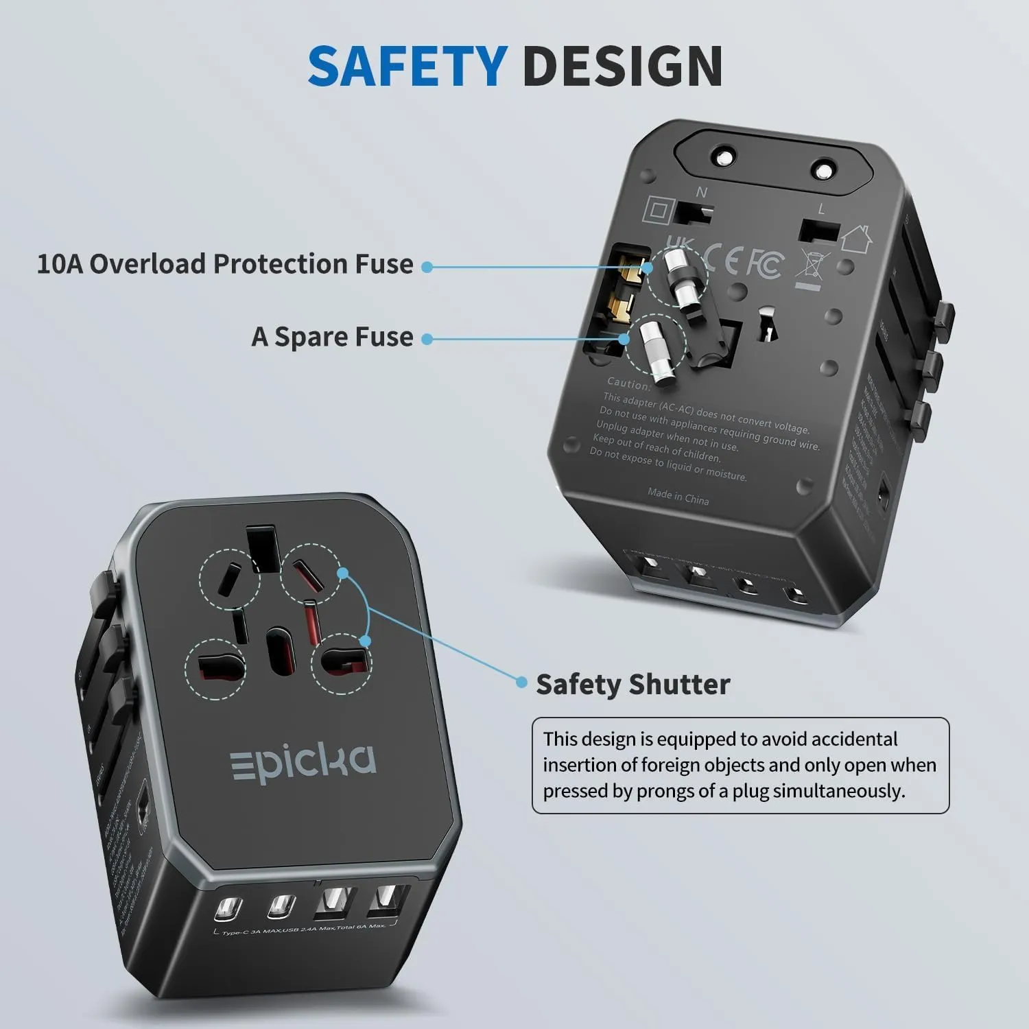 EPICKA Universal Travel Adapter, International Power Adapter with 2 USB-A & 3 USB-C Ports Wall Charger - Worldwide Travel Essentials, European Travel Plug Adapter for UK/US/AU (TA-105C, Black)