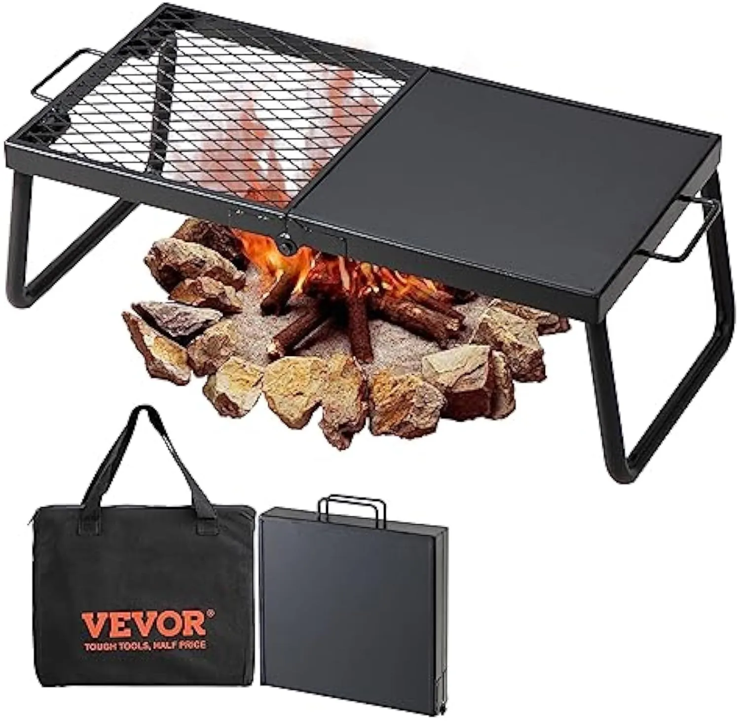 Equipment Pit, Legs Carrying with Fire VEVOR Folding Grilling Camping Hot deal Campfire Open Camp Holiday special Heavy Over Portable Mesh Steel Flame Rack for Grates Bag, Duty 22.4" Grill, Outdoor Fire Cooking Cooking Grate,