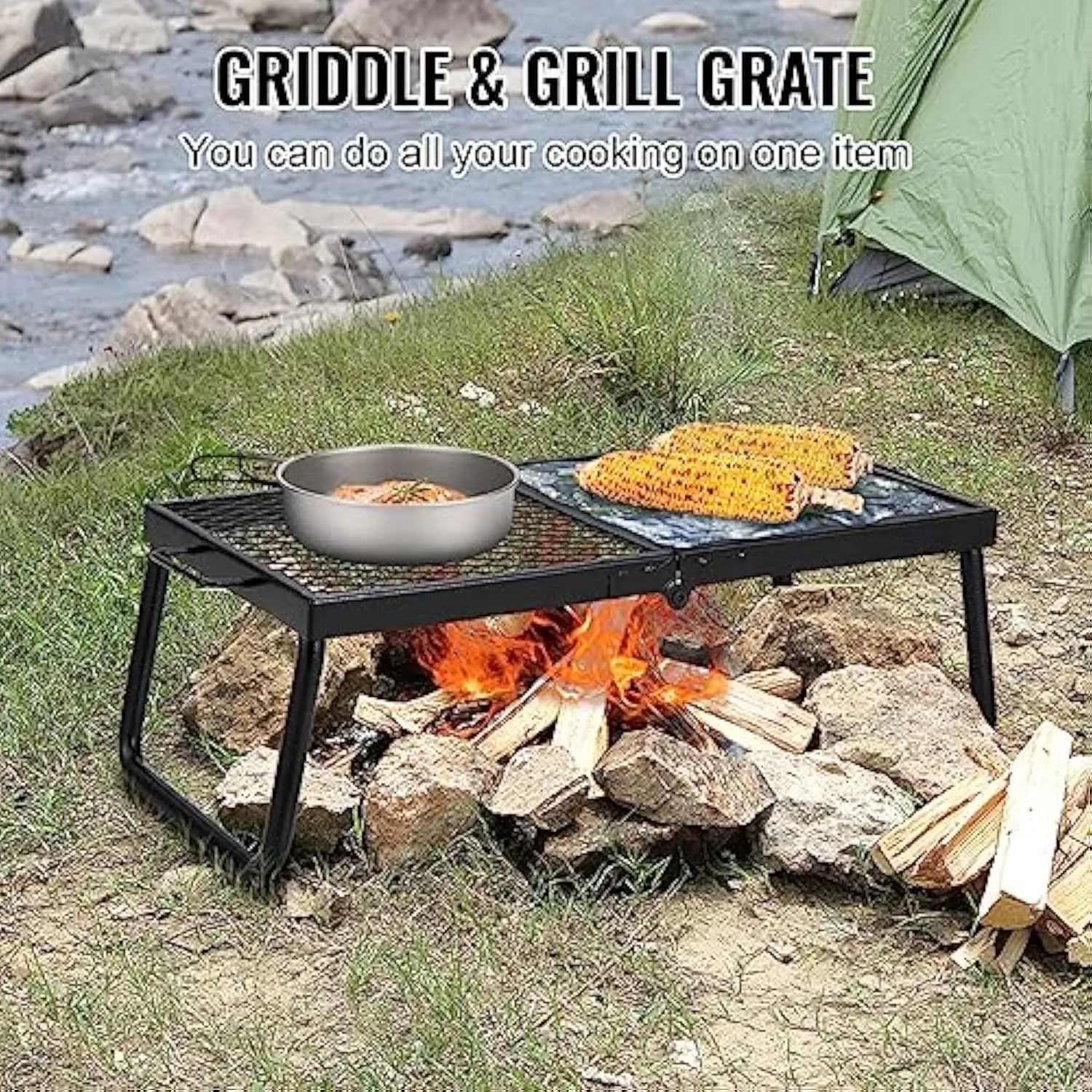 Equipment Pit, Legs Carrying with Fire VEVOR Folding Grilling Camping Hot deal Campfire Open Camp Holiday special Heavy Over Portable Mesh Steel Flame Rack for Grates Bag, Duty 22.4" Grill, Outdoor Fire Cooking Cooking Grate,