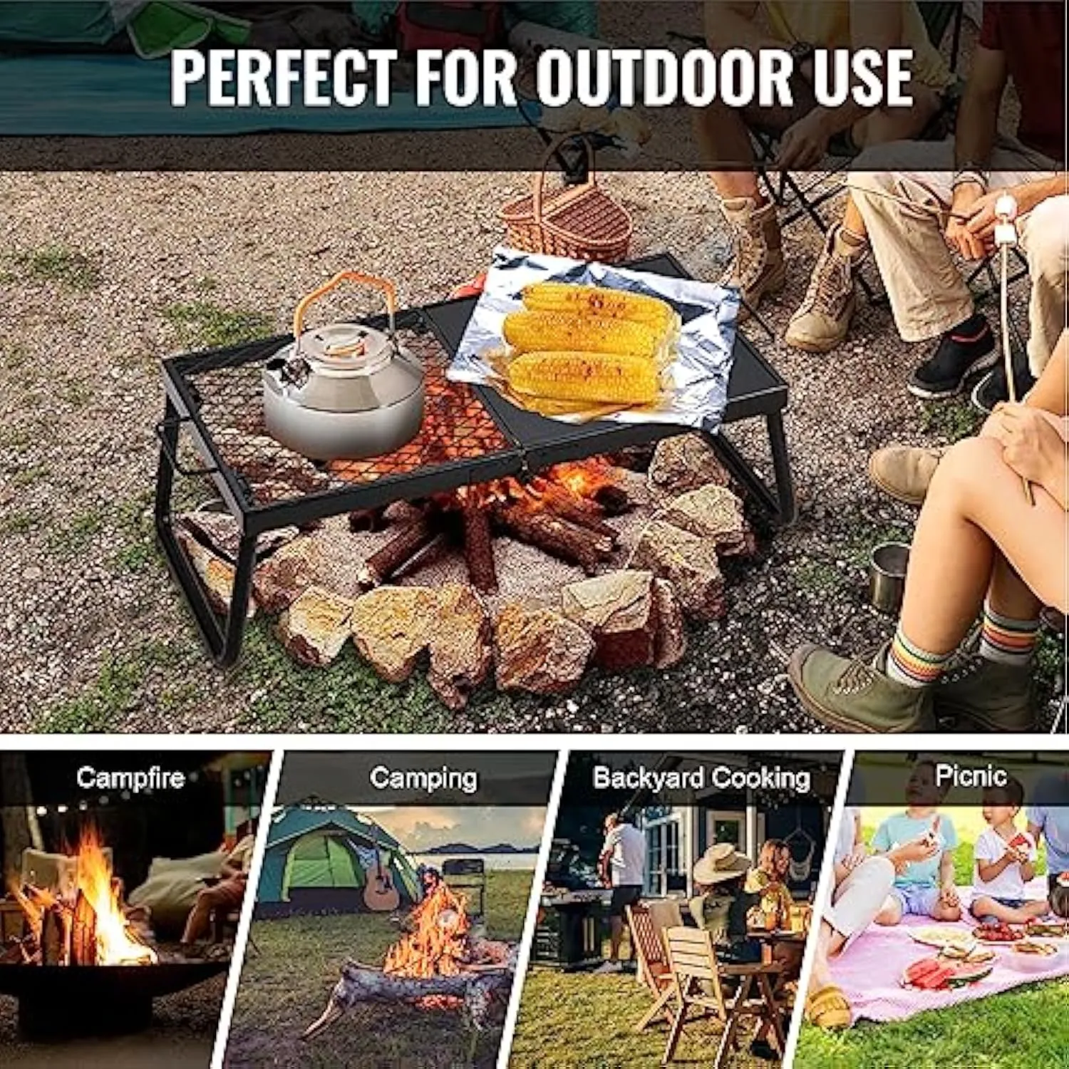 Equipment Pit, Legs Carrying with Fire VEVOR Folding Grilling Camping Hot deal Campfire Open Camp Holiday special Heavy Over Portable Mesh Steel Flame Rack for Grates Bag, Duty 22.4" Grill, Outdoor Fire Cooking Cooking Grate,