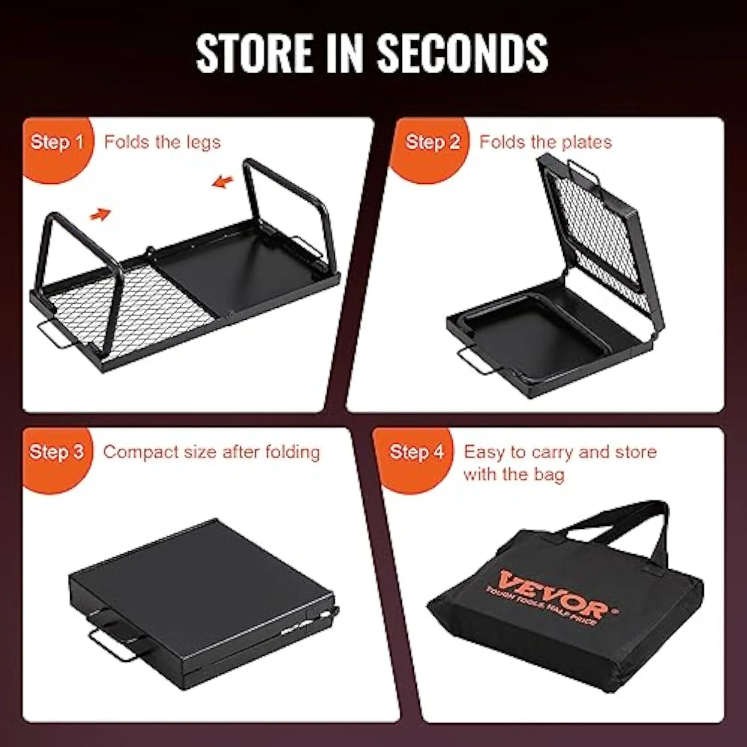Equipment Pit, Legs Carrying with Fire VEVOR Folding Grilling Camping Hot deal Campfire Open Camp Holiday special Heavy Over Portable Mesh Steel Flame Rack for Grates Bag, Duty 22.4" Grill, Outdoor Fire Cooking Cooking Grate,