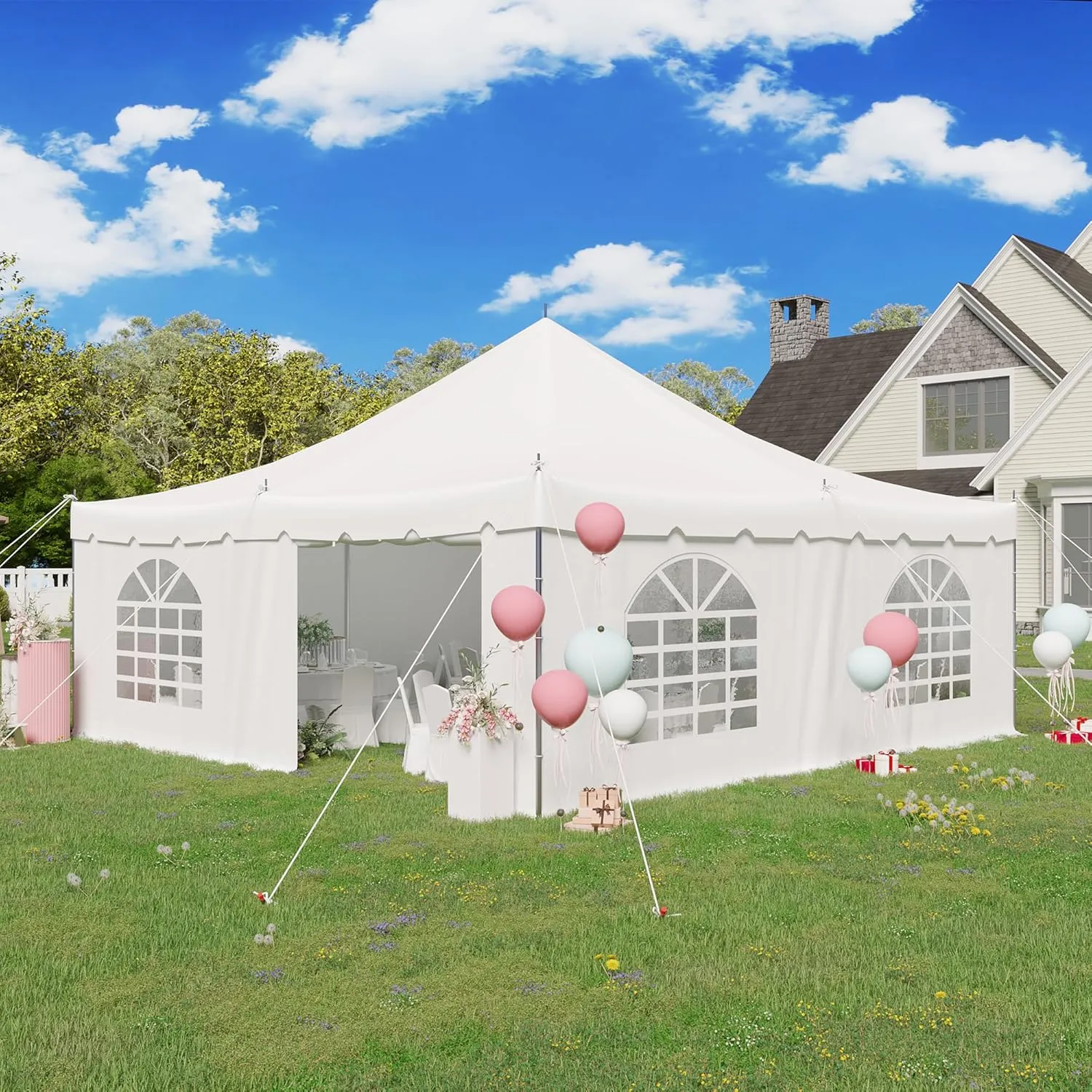 EROMMY 20x20ft Pole Party Tent with Sidewalls and Doors, Heavy Duty Outdoor Canopy with Carry Bags, Large White Event Tent for 62 People, Weddings, Parties, and Gatherings