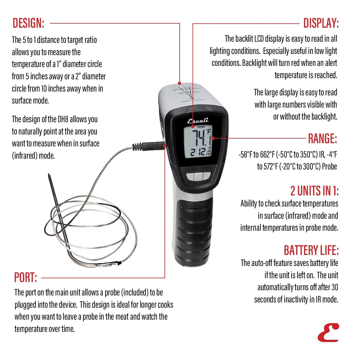 Escali Infrared Surface and Probe Digital Thermometer 40-inches Plug-in Probe, Two-in-One Adjustable Temperature Alert