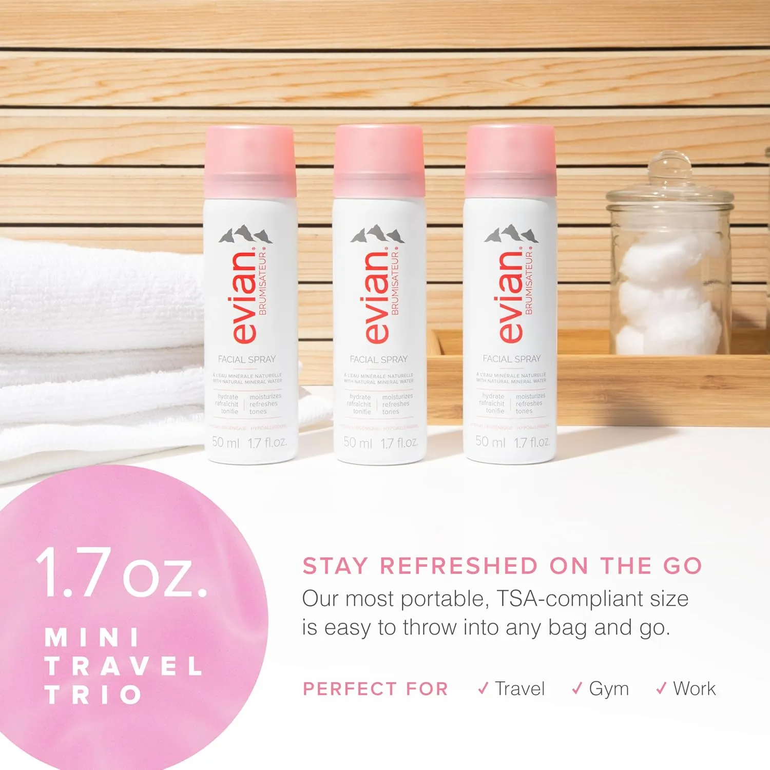 EVIAN FACIAL SPRAY Natural Mineral Water Facial Spray Trio, Travel Size, 1.7 Ounce (3 pack)