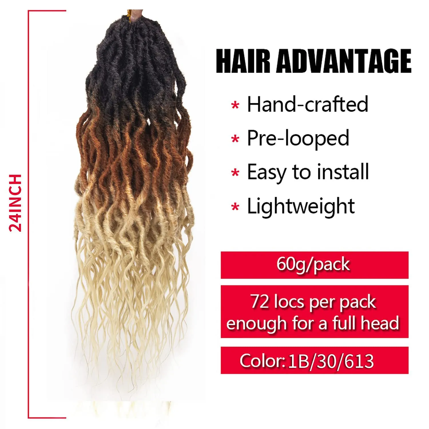 Faux Locs Crochet Hair 24Inch Goddess Locs Crochet Hair, 6Packs Pre Looped Wavy Locs Soft Locs Curly Ends Dreadlocks Faux Crochet Locs Synthetic Crochet Braids Hair Extensions (1B/30/613, 24'')