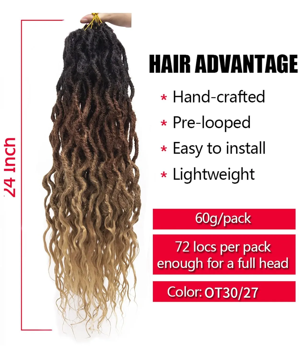Faux Locs Crochet Hair 24Inch Goddess Locs Crochet Hair, 6Packs Soft Locs Curly Ends Dreadlocks Crochet Locs Synthetic Crochet Braids(OT30/27, 24'')