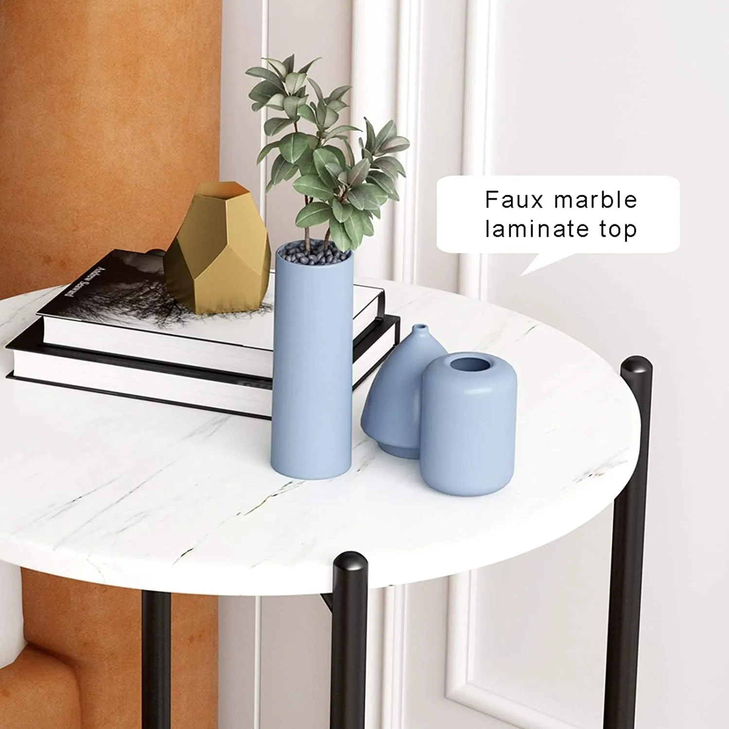 Faux Marble End Table White Black Side Table Marble Nightstand for Living Room or Bedroom Modern Accent Table with Black Metal Frame