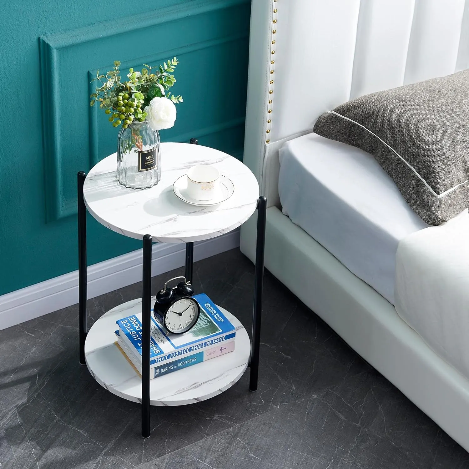 Faux Marble End Table White Black Side Table Marble Nightstand for Living Room or Bedroom Modern Accent Table with Black Metal Frame