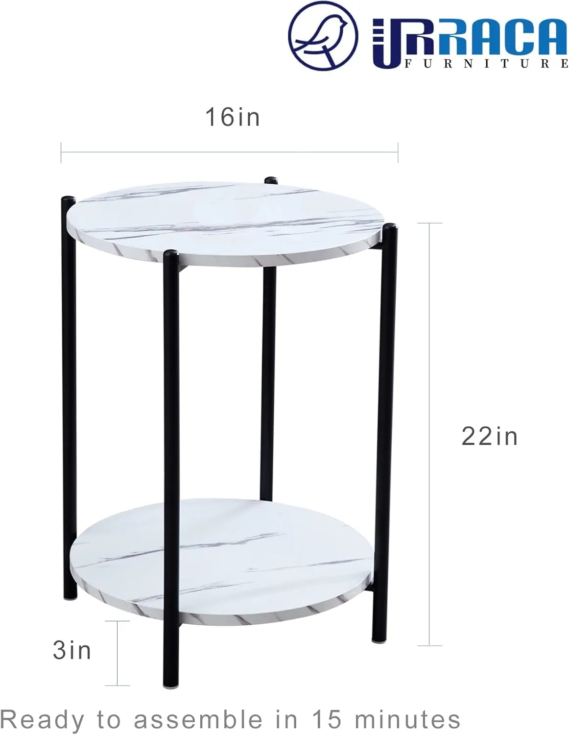 Faux Marble End Table White Black Side Table Marble Nightstand for Living Room or Bedroom Modern Accent Table with Black Metal Frame