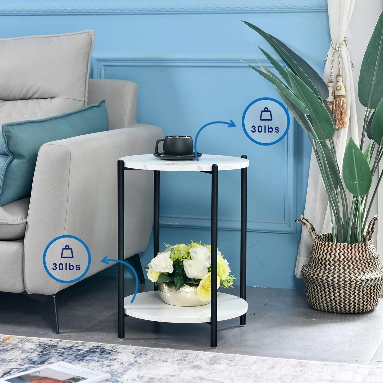 Faux Marble End Table White Black Side Table Marble Nightstand for Living Room or Bedroom Modern Accent Table with Black Metal Frame