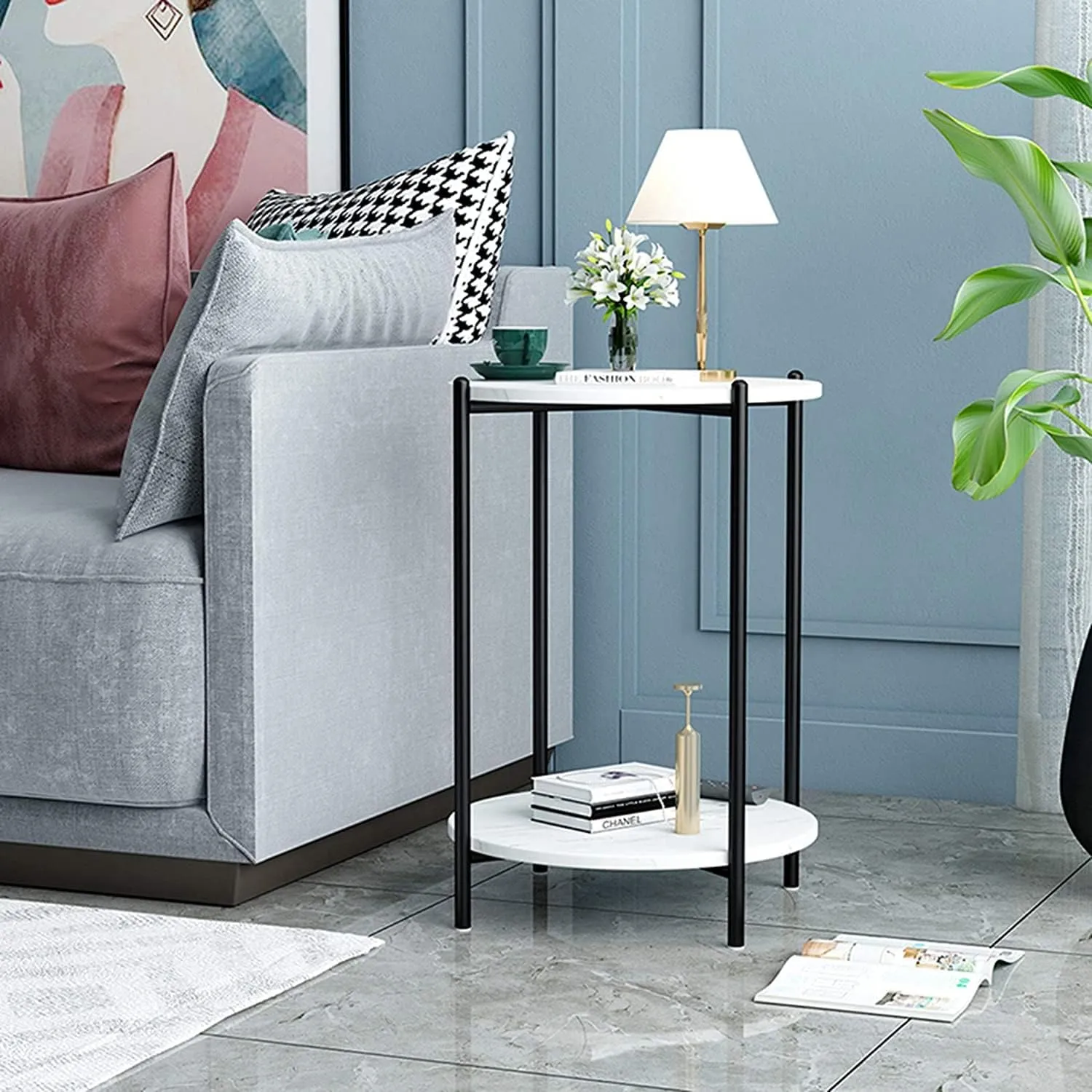 Faux Marble End Table White Black Side Table Marble Nightstand for Living Room or Bedroom Modern Accent Table with Black Metal Frame
