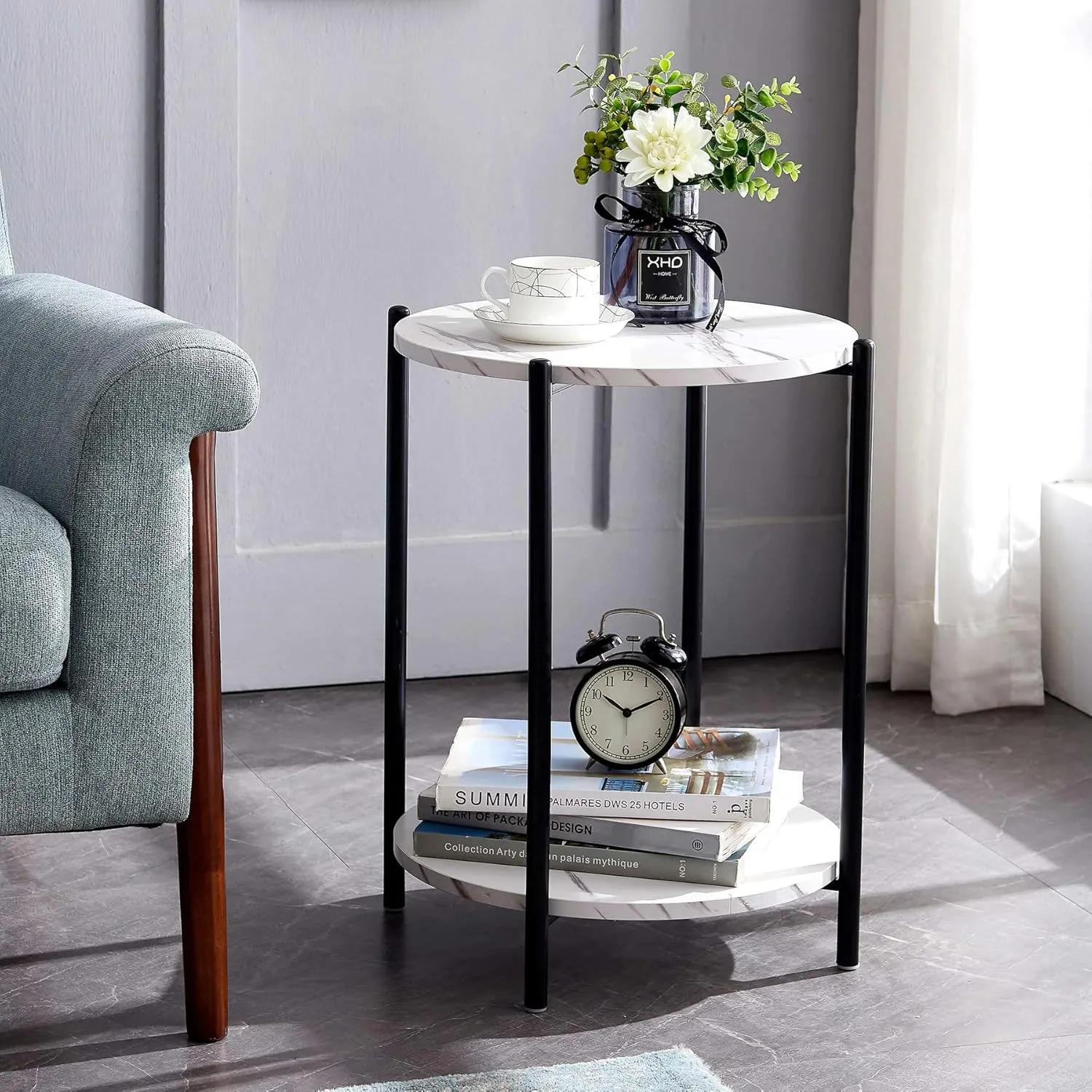 Faux Marble End Table White Black Side Table Marble Nightstand for Living Room or Bedroom Modern Accent Table with Black Metal Frame