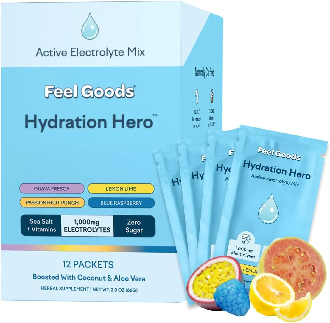 Feel Goods Hydration Hero, 1,000mg Electrolytes Powder, Sugar Free, Magnesium, Organic Aloe Vera, L Theanine, Vitamin C, Vegan, Non GMO, On The Go Electrolyte Packets, Variety Pack, 12 Count