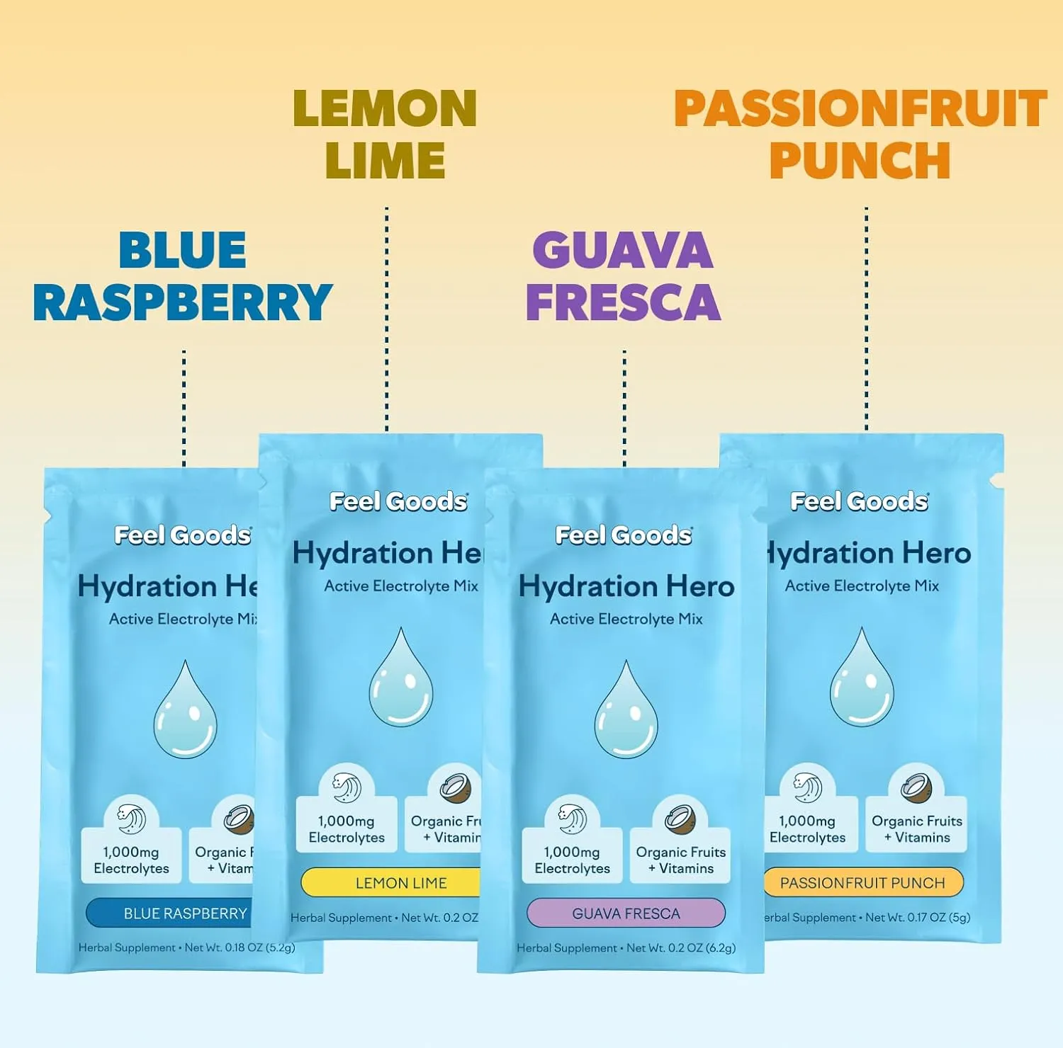 Feel Goods Hydration Hero, 1,000mg Electrolytes Powder, Sugar Free, Magnesium, Organic Aloe Vera, L Theanine, Vitamin C, Vegan, Non GMO, On The Go Electrolyte Packets, Variety Pack, 12 Count