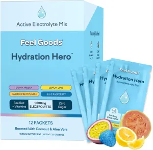 Feel Goods Hydration Hero, 1,000mg Electrolytes Powder, Sugar Free, Magnesium, Organic Aloe Vera, L Theanine, Vitamin C, Vegan, Non GMO, On The Go Electrolyte Packets, Variety Pack, 12 Count