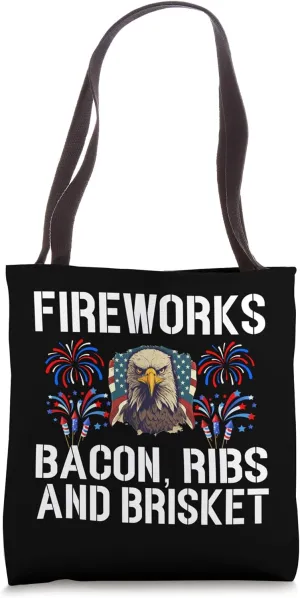 Fireworks Brisket Bacon Ribs Grill BBQ Meat Smoking USA Flag Tote Bag