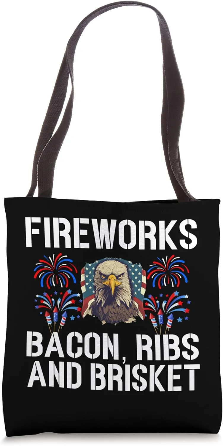 Fireworks Brisket Bacon Ribs Grill BBQ Meat Smoking USA Flag Tote Bag