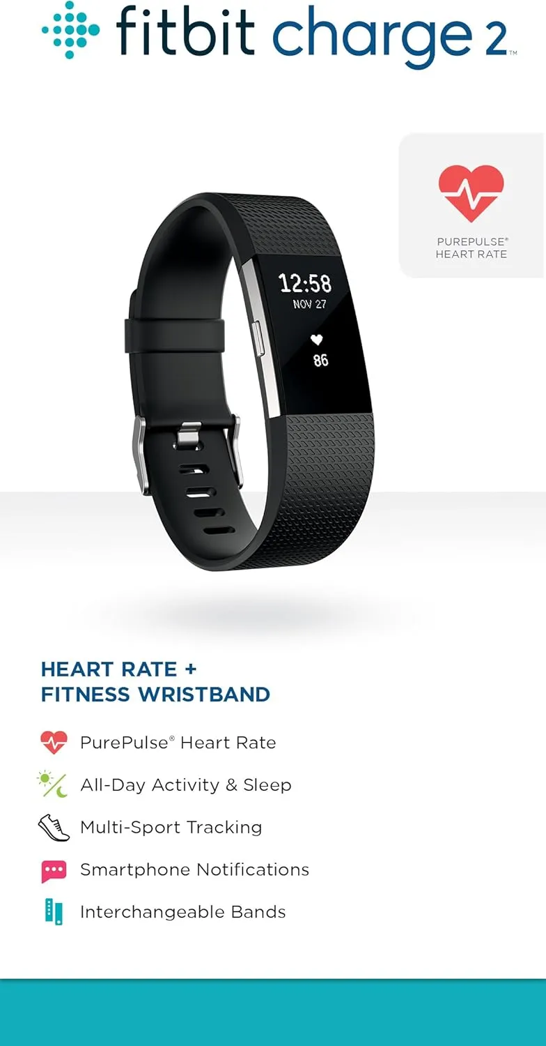 Fitbit Charge 2 Heart Rate   Fitness Wristband, Black, Large (US Version), 1 Count