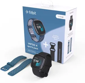 Fitbit Versa 4 Fitness Smartwatch with Daily Readiness, GPS, 24/7 Heart Rate, 40  Exercise Modes, Waterfall Blue/Platinum, One Size (S & L Bands Included)   Sports Strap Bundle