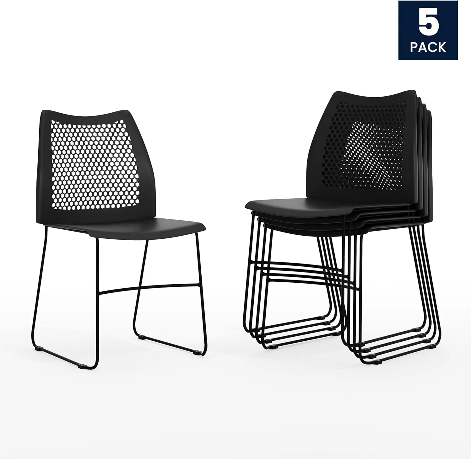 Flash Furniture Hercules Series Contoured Lobby Chairs with Air-Vent Honeycomb Backs, Ergonomic Stacking Chairs for Offices, Set of 5, Black