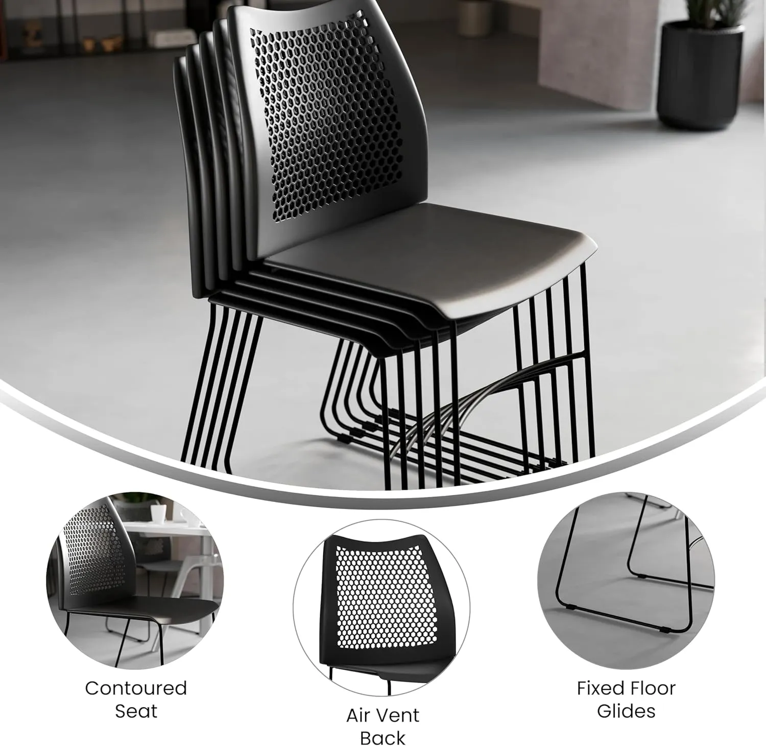 Flash Furniture Hercules Series Contoured Lobby Chairs with Air-Vent Honeycomb Backs, Ergonomic Stacking Chairs for Offices, Set of 5, Black