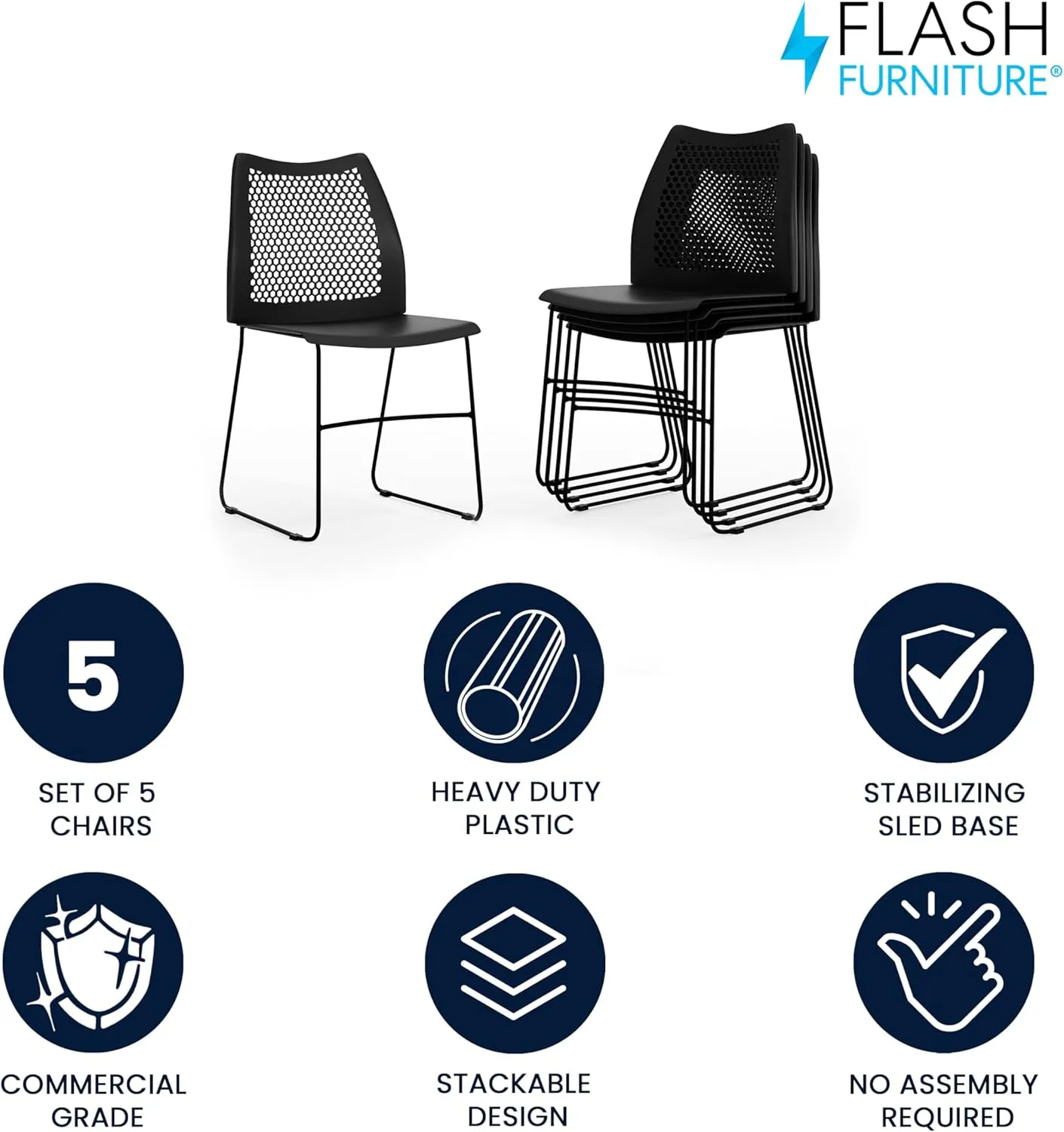 Flash Furniture Hercules Series Contoured Lobby Chairs with Air-Vent Honeycomb Backs, Ergonomic Stacking Chairs for Offices, Set of 5, Black