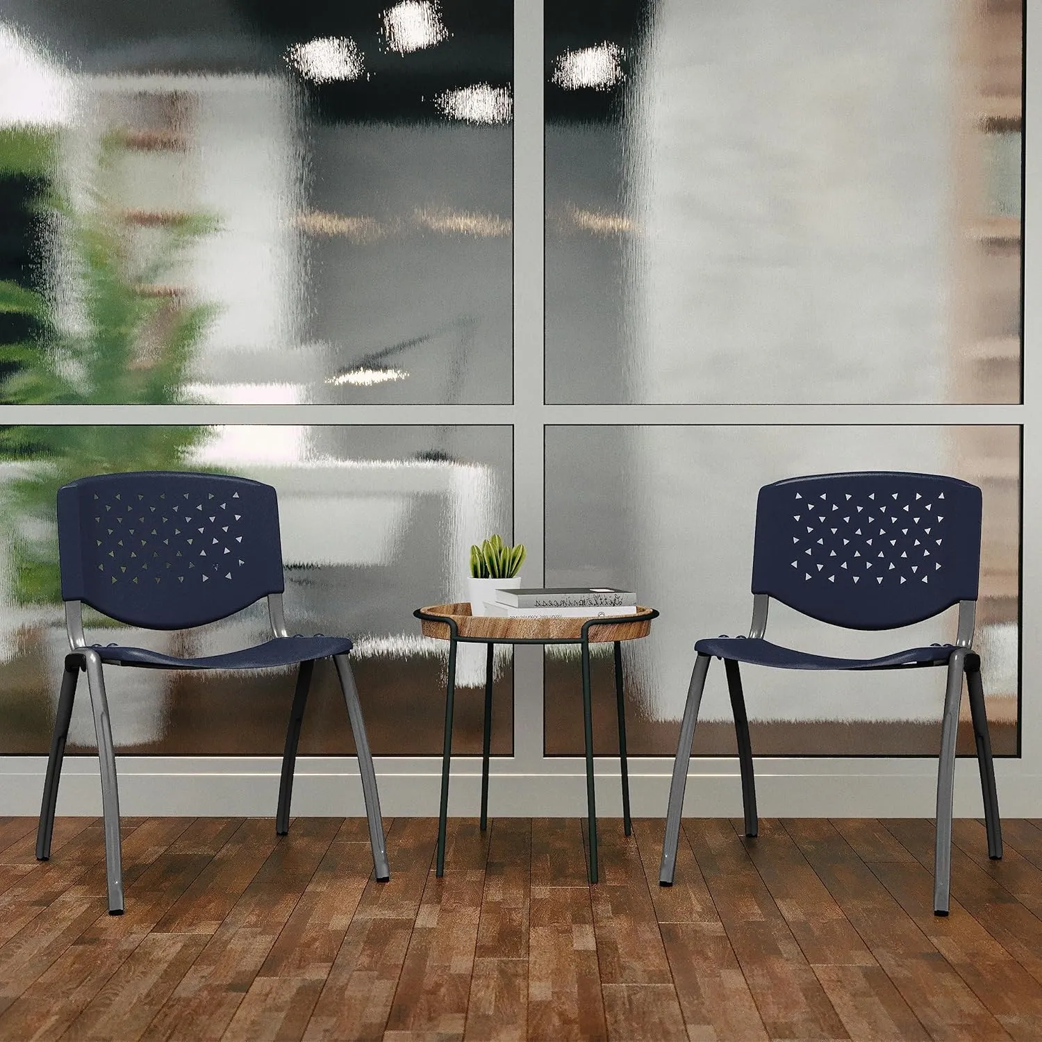 Flash Furniture Hercules Series Plastic Contoured Lobby Chairs with Perforated Backs, Ergonomic Stacking Chairs for Offices, Set of 5, Navy