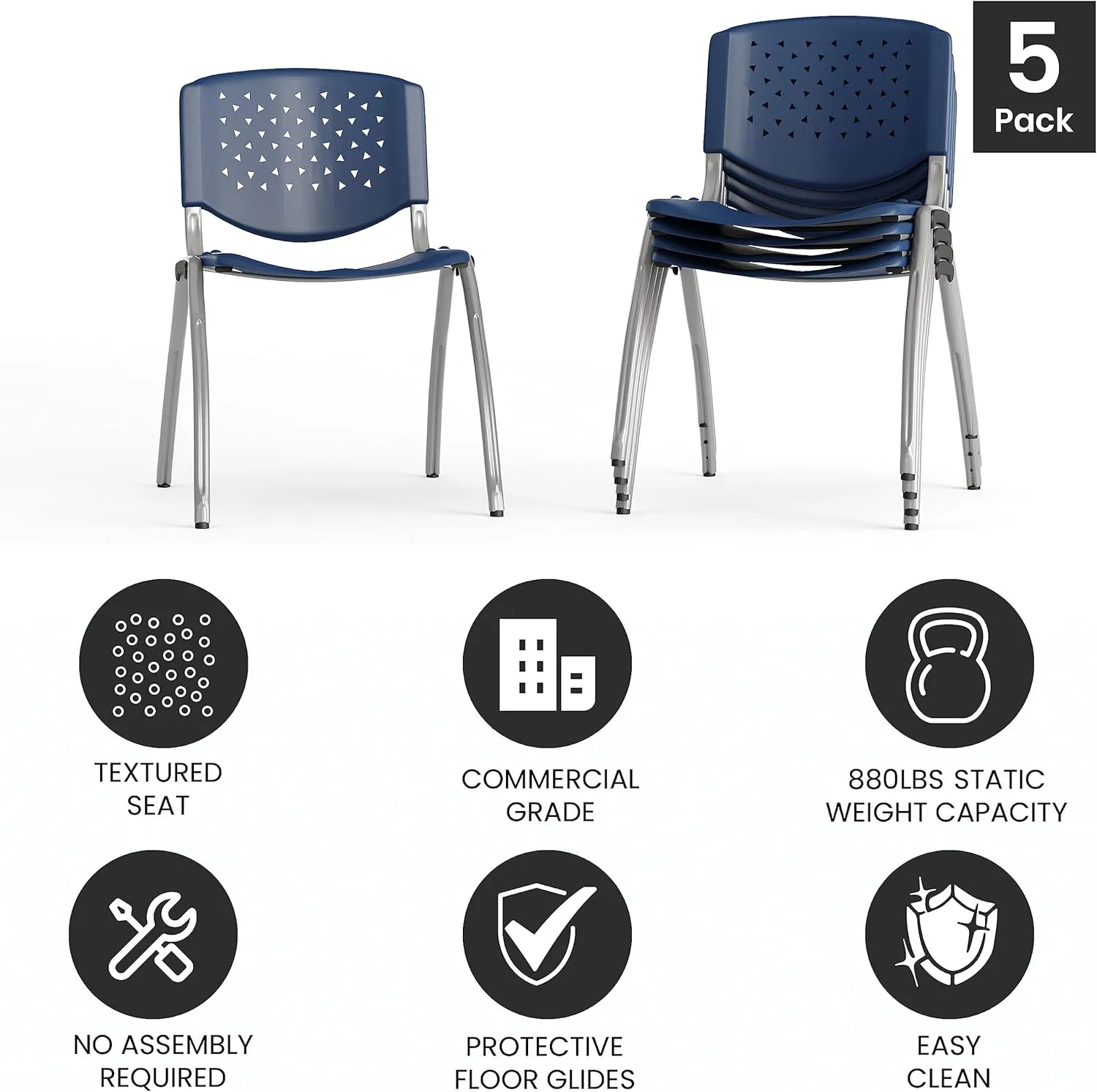 Flash Furniture Hercules Series Plastic Contoured Lobby Chairs with Perforated Backs, Ergonomic Stacking Chairs for Offices, Set of 5, Navy