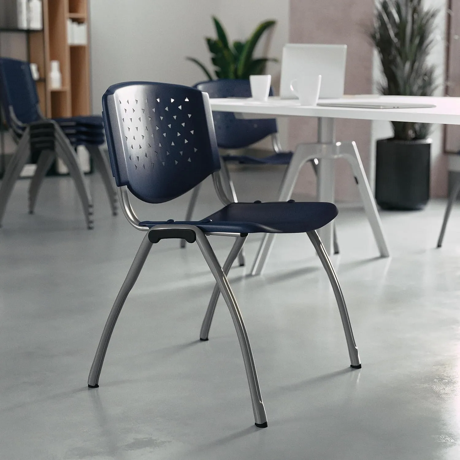 Flash Furniture Hercules Series Plastic Contoured Lobby Chairs with Perforated Backs, Ergonomic Stacking Chairs for Offices, Set of 5, Navy