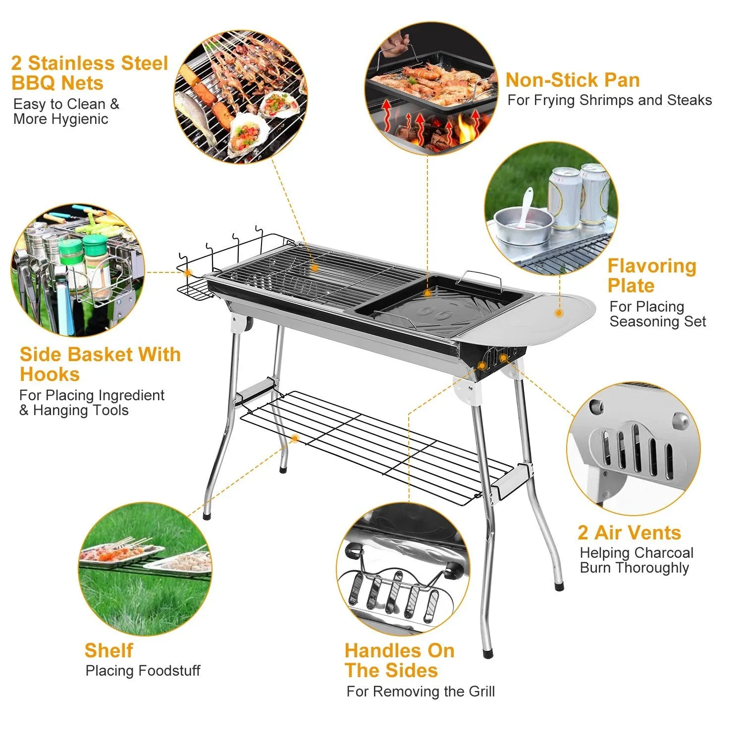 Foldable BBQ Grill Portable Charcoal Barbeque Stainless