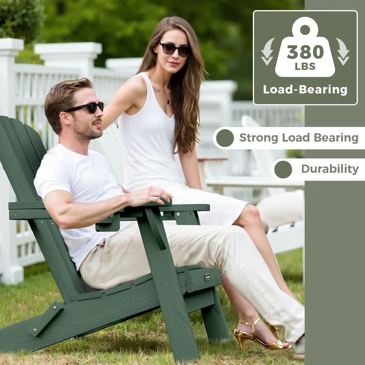 Folding Adirondack Chair with Wood Texture, HDPE All-Weather Fire Pit Chairs, Plastic Adirondack Chairs with 2 Cup Holder, Outdoor Lawn Chair for Patio Garden (Green)
