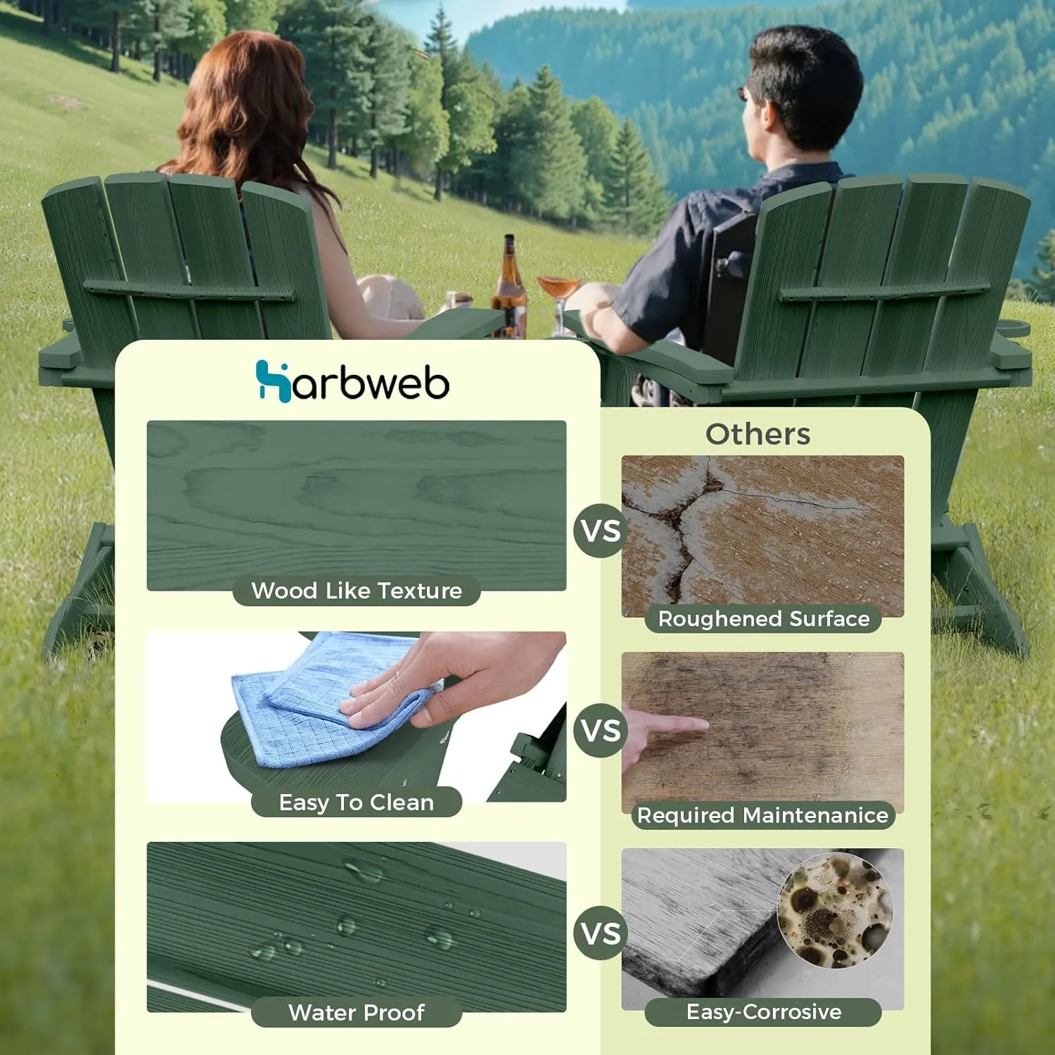 Folding Adirondack Chair with Wood Texture, HDPE All-Weather Fire Pit Chairs, Plastic Adirondack Chairs with 2 Cup Holder, Outdoor Lawn Chair for Patio Garden (Green)