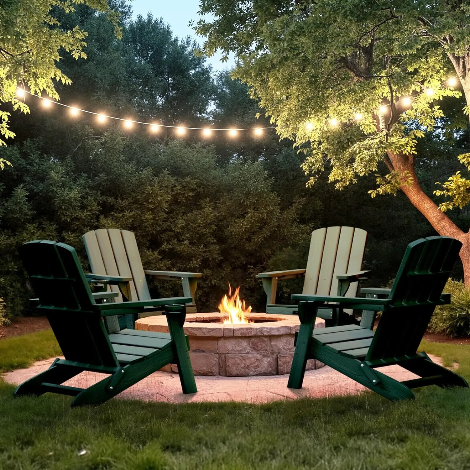 Folding Adirondack Chair with Wood Texture, HDPE All-Weather Fire Pit Chairs, Plastic Adirondack Chairs with 2 Cup Holder, Outdoor Lawn Chair for Patio Garden (Green)