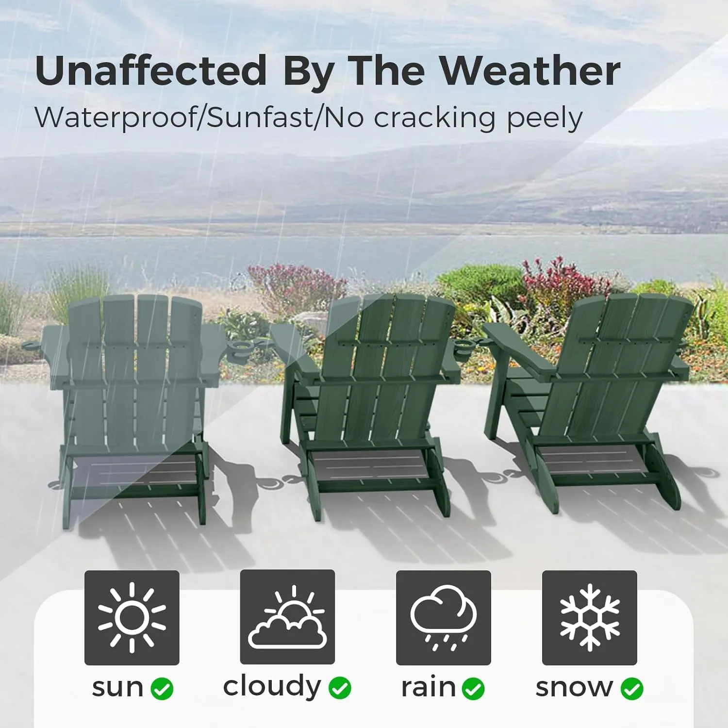 Folding Adirondack Chair with Wood Texture, HDPE All-Weather Fire Pit Chairs, Plastic Adirondack Chairs with 2 Cup Holder, Outdoor Lawn Chair for Patio Garden (Green)