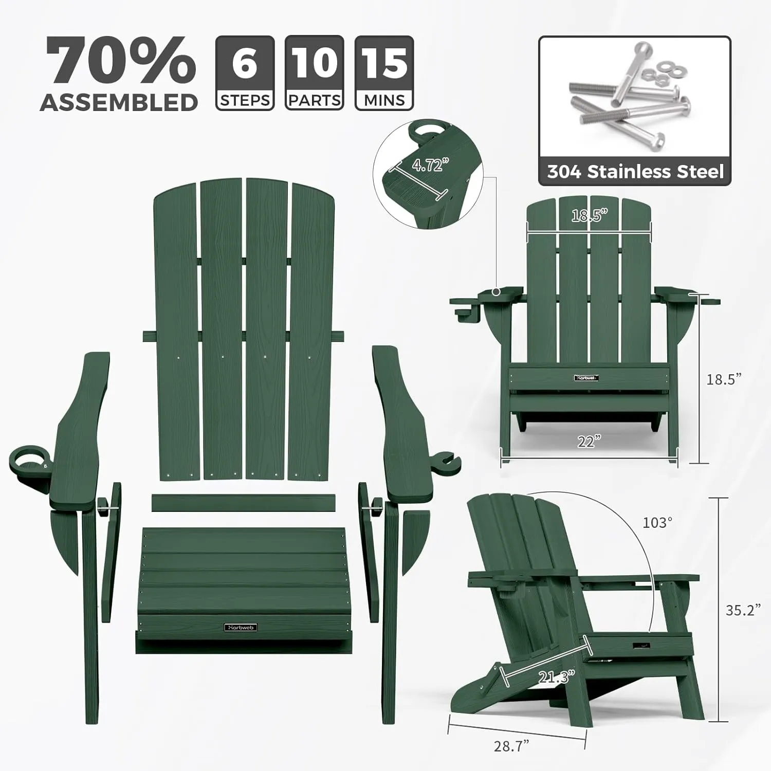 Folding Adirondack Chair with Wood Texture, HDPE All-Weather Fire Pit Chairs, Plastic Adirondack Chairs with 2 Cup Holder, Outdoor Lawn Chair for Patio Garden (Green)