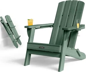 Folding Adirondack Chair with Wood Texture, HDPE All-Weather Fire Pit Chairs, Plastic Adirondack Chairs with 2 Cup Holder, Outdoor Lawn Chair for Patio Garden (Green)